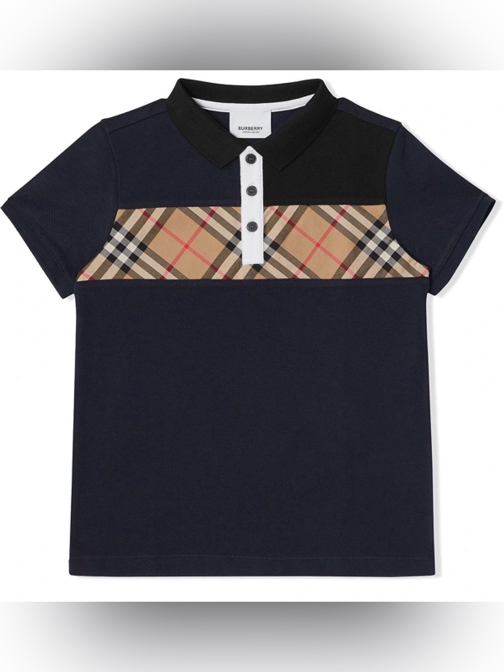 Burberry Boys Jeff Navy Blue Nova Check Color Block Polo Shirt Size 4 Youth